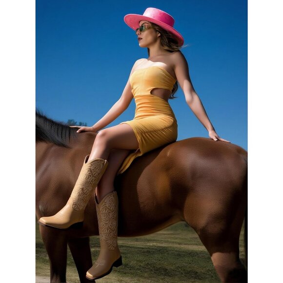 Women's Apricot Embroidered Square Toe Pull on Cowgirl Western Chunky Heel Boots - Picture 2 of 6